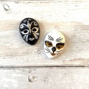 Miniature Masquerade Theater Masks Black White Gold Details Set of 2